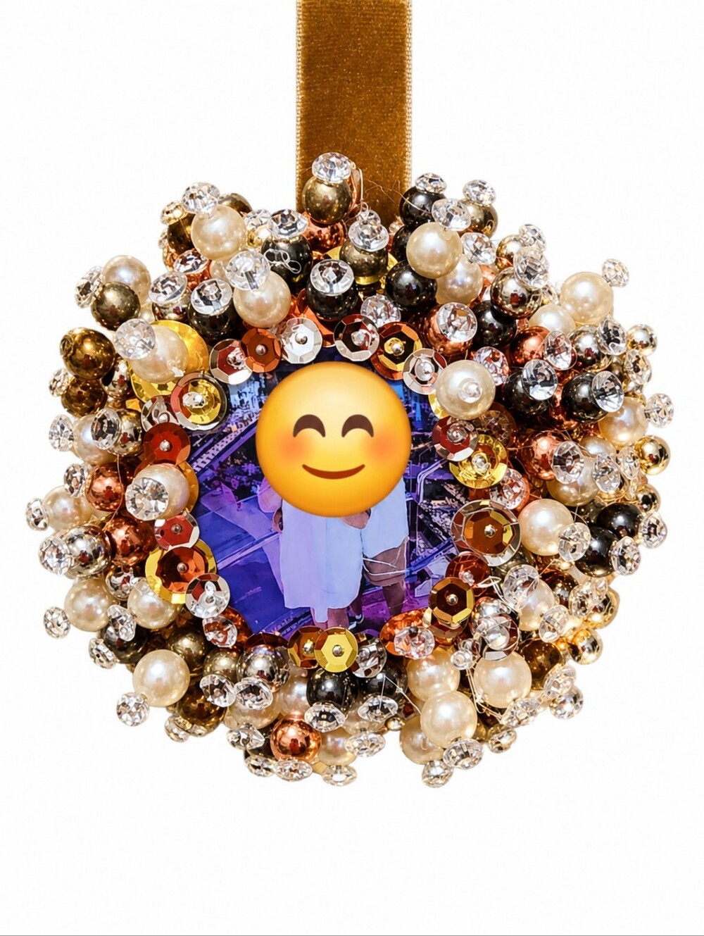 Beaded Pearl Sequin Holiday Photo Ornament - custom handmade heirloom christmas